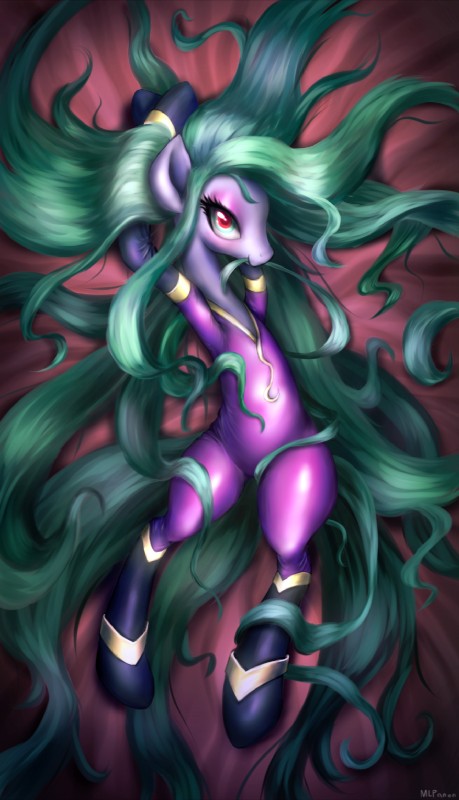 clothing costume female fur green_eyes green_hair hair hands_behind_head looking_at_viewer lying multicolored_eyes purple_body purple_fur red_eyes solo mlpanon theformlpganon friendship_is_magic hasbro my_little_pony mane-iac_(mlp) power_ponies_(mlp) earth_pony equid equine horse mammal pony detailed hi_res