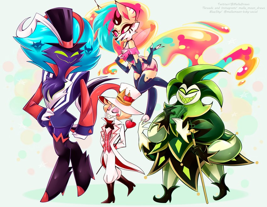 asmodeus, lucifer, mammon, and queen bee-lzebub (hazbin hotel and etc) created by melledraws