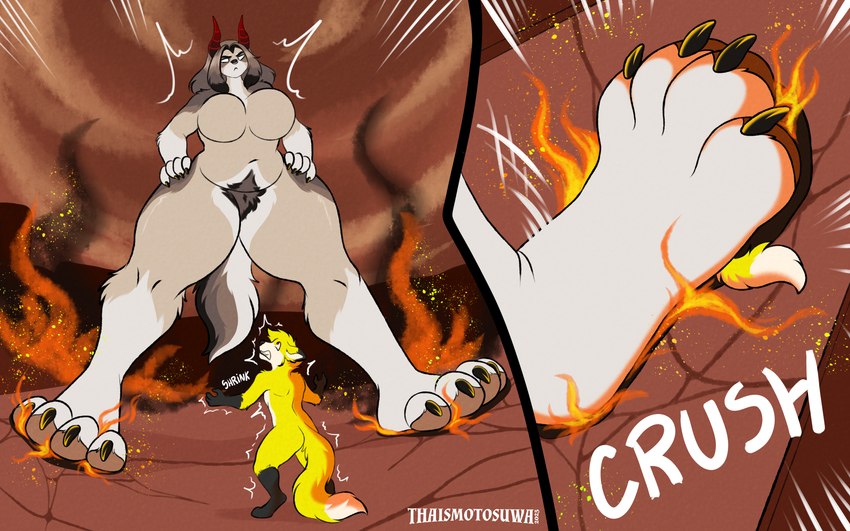 angry anthro breasts city city_background city_destruction claws crush destruction duo extreme_size_difference feet female fire foot_fetish foot_focus foot_play horn macro male male/female micro pawpads paws pubes pubes_exposed size_difference stomped conditional_dnp thaismotosuwa elena_hound_(thaismotosuwa) afghan_hound canid canine canis domestic_dog fox hunting_dog mammal sighthound 16:10 2025 absurd_res hi_res widescreen