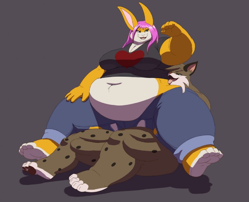 anthro belly big_breasts big_butt breasts butt clothed clothing duo feet female fur hair male navel obese obese_anthro obese_female on_ground overweight overweight_anthro overweight_female paws pink_hair simple_background sitting_on_another thick_thighs kazecat jiggly_(kazecat) kazecat_(character) felid feline lagomorph leporid lynx mammal rabbit 2012 digital_media_(artwork)