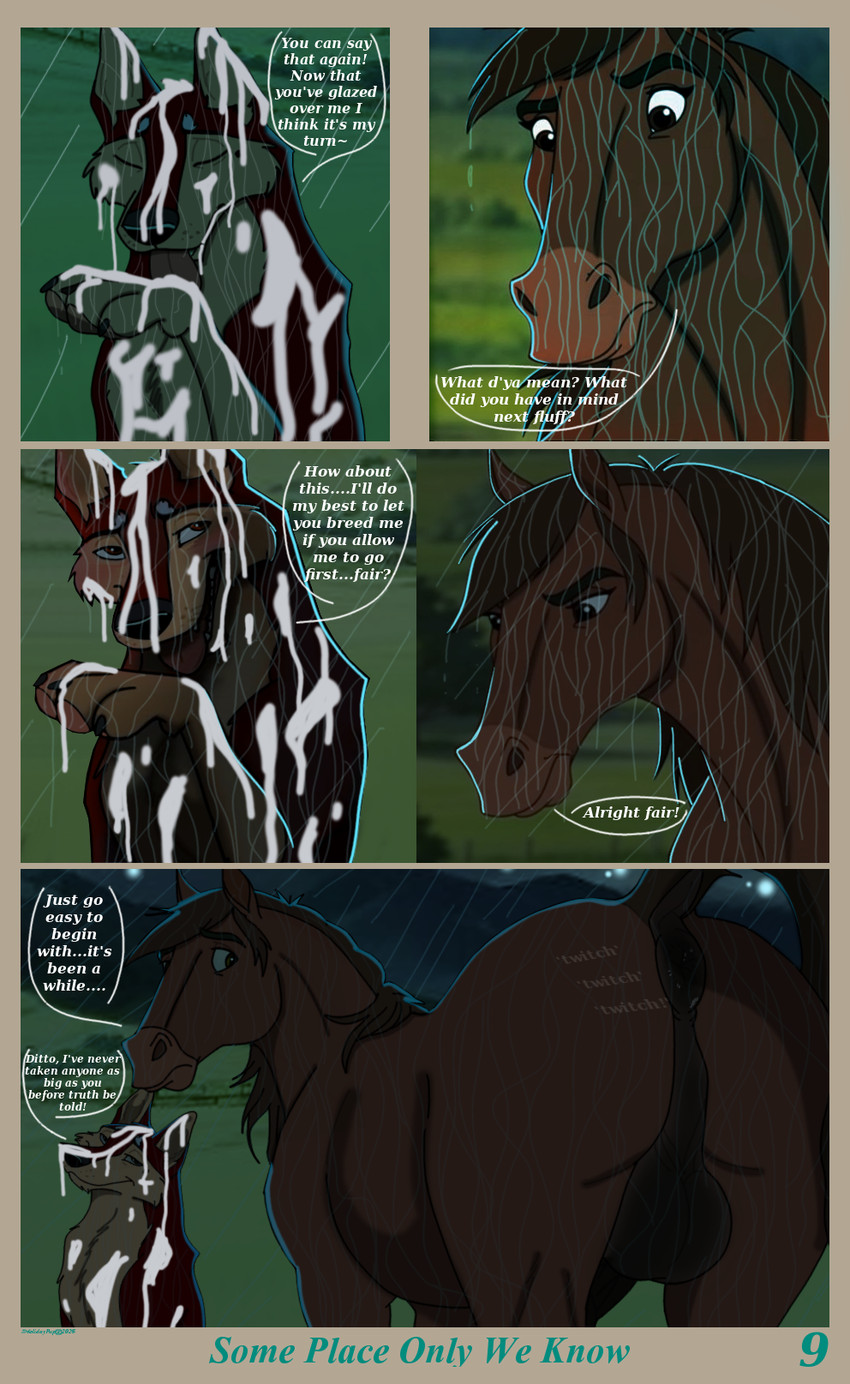 animal_genitalia anus balls bedroom_eyes bodily_fluids cum cum_covered cum_on_body cum_on_face cum_string dialogue duo equine_anus eyes_closed feet feral feral_on_feral fur genital_fluids genitals grass half-closed_eyes licking_cum looking_back male male/male messy narrowed_eyes nature nature_background open_mouth outside pawpads paws plant raining seductive sitting size_difference smile speech_bubble tail teeth text toes tongue tongue_out wet wet_body wet_fur holidaypup bandit_(holidaypup) canid canine canis domestic_dog equid equine horse mammal comic digital_media_(artwork) english_text hi_res