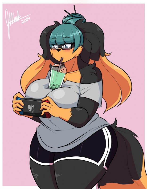 between_breasts beverage beverage_between_breasts big_breasts bottomwear breasts bubble_tea clothing curvy_figure electronics eyewear female game_console glasses huge_thighs object_between_breasts overweight overweight_female shirt shorts solo thick_thighs topwear voluptuous wide_hips jwinkz hands-free_bubble_tea nintendo nintendo_switch zoey_(jwinkz) canid canine canis domestic_dog mammal hi_res meme