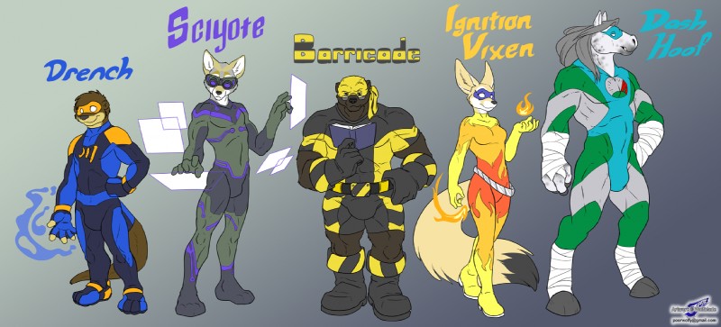 abs anthro belt biceps black_nose book boots breasts bulge clothing eyewear female fire footwear glasses grey_hair group hair hooves long_hair male mask muscular pecs shoes superhero superpower tail text water wolfblade barricade_(character) dash_hoof_(character) drench_otter_(character) ignition_vixen_(character) sciyote_(character) badger canid canine canis coyote equid equine fox honey_badger horse mammal mustelid musteline otter hi_res url