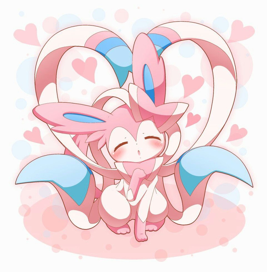 ambiguous_gender big_ears blowing_kiss blush daww eyes_closed fur heart_symbol kissing looking_at_viewer pink_body pink_fur pose ribbons sitting solo white_body nell_two nintendo pokemon eeveelution generation_6_pokemon pokemon_(species) sylveon