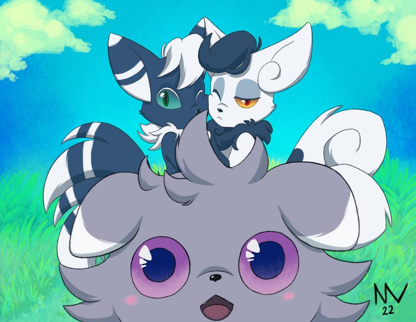 big_eyes blue_sky blush female feral fluffy fluffy_hair grass_field group hair male photobomb purple_eyes sky smile smiling_at_viewer trio nullenv nintendo pokemon espurr generation_6_pokemon meowstic pokemon_(species) absurd_res hi_res