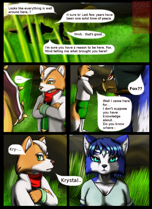 anthro bone_frill breasts dialogue female frill_(anatomy) head_crest head_frill male medium_breasts text moltsi nintendo star_fox fox_mccloud krystal_(star_fox) prince_tricky canid canine ceratopsian dinosaur fox mammal ornithischian prehistoric_species reptile scalie triceratops 2013 comic english_text hi_res