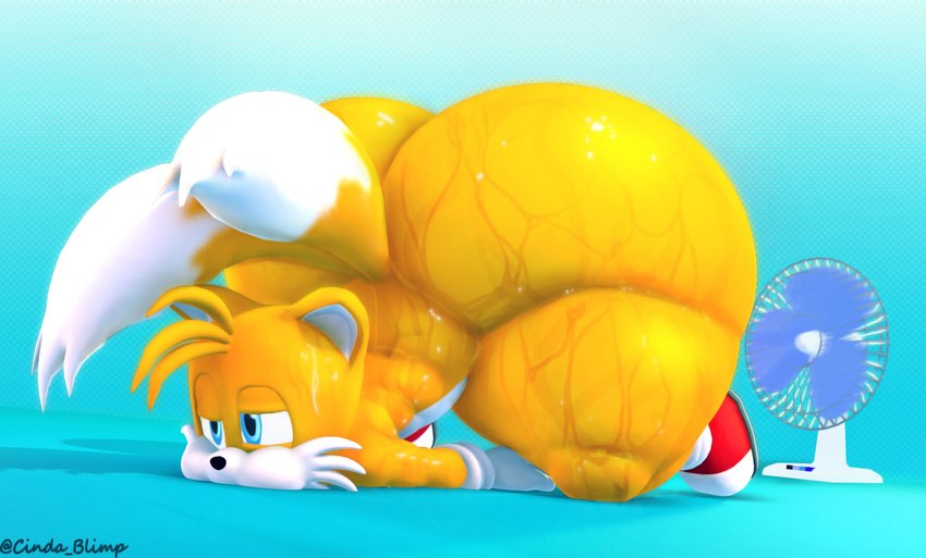 annoyed anthro big_butt bodily_fluids bottom_heavy butt desk_fan drenched fan_(object) half-closed_eyes heat_(temperature) huge_butt lying male narrowed_eyes on_front short_stack solo sweat sweat_drip sweatdrop sweaty_butt thick_thighs cindablimp sega sonic_the_hedgehog_(series) miles_prower canid canine fox mammal hi_res