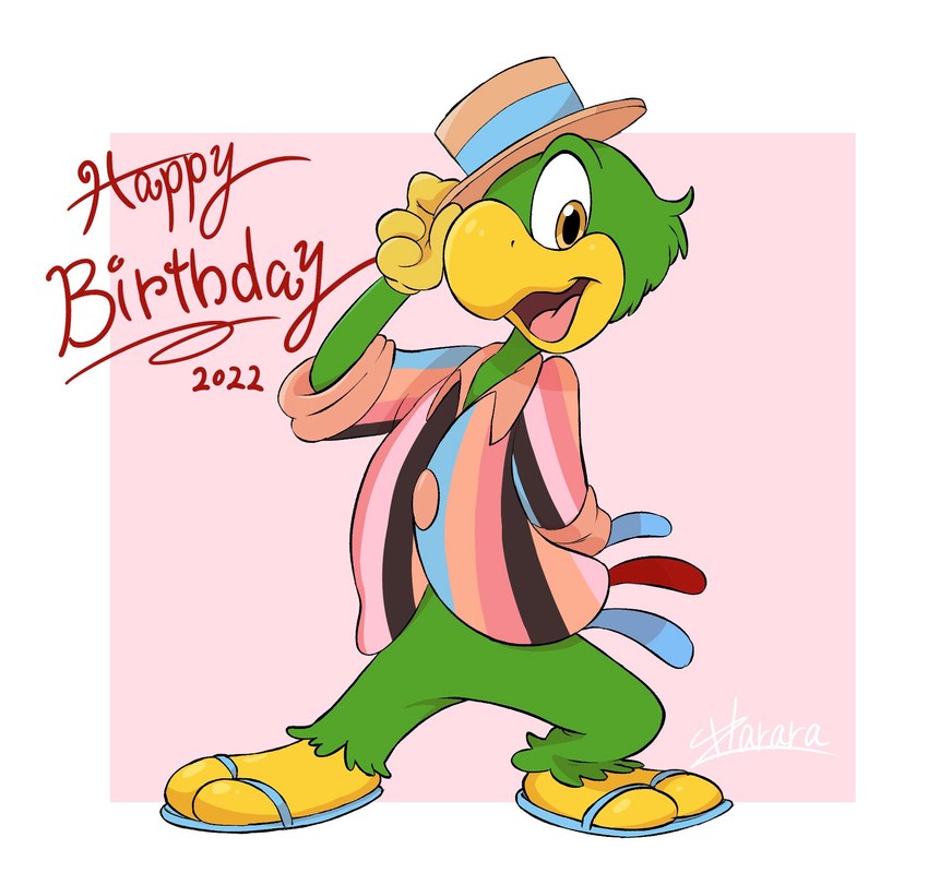 amber_eyes anniversary anthro beak biped birthday clothing exposed_feet feathers footwear gloves green_body green_feathers hand_behind_back handwear happy happy_birthday hat hat_tip headgear headwear male open_mouth open_smile pattern_clothing pattern_shirt pattern_topwear pork_pie_hat red_text sandals shirt shoes simple_background smile solo striped_clothing striped_shirt striped_topwear stripes tail tail_feathers text toony toony_eyes topwear yellow_beak yellow_clothing yellow_gloves yellow_handwear harara disney the_three_caballeros jose_carioca avian bird parrot 2022 hi_res signature