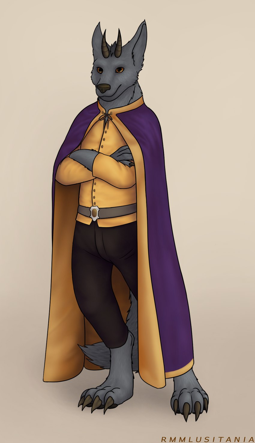 ambiguous_gender anthro barefoot belt belt_buckle bottomwear brown_bottomwear brown_claws brown_clothing brown_horn brown_pants buckle button_(fastener) claws cloak clothed clothing crossed_arms dress_shirt feet fingers fully_clothed fur grey_body grey_fur horn looking_at_viewer pants purple_cloak purple_clothing shirt simple_background solo standing tail toes topwear yellow_clothing yellow_shirt yellow_topwear rmmlusitania revaramek_the_resplendent asterbury canid canine hybrid mammal digital_media_(artwork) hi_res