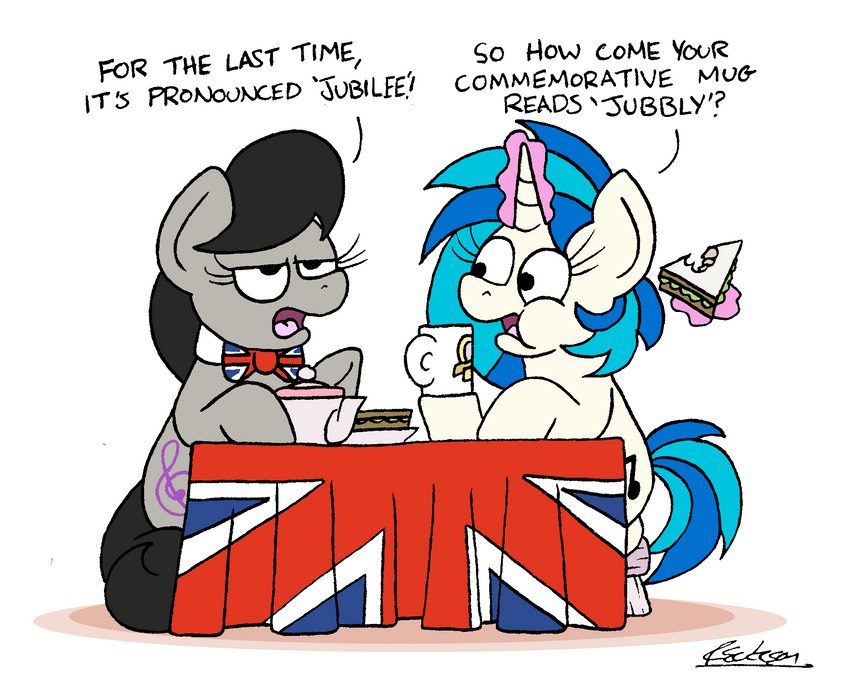 black_eyes black_hair blue_hair bow_(feature) bow_tie container cup duo eating female food hair horn sandwich_(food) tablecloth teapot text union_jack union_jack_clothing bobthedalek friendship_is_magic hasbro my_little_pony mythology octavia_(mlp) vinyl_scratch_(mlp) earth_pony equid equine horse mammal mythological_creature mythological_equine pony unicorn english_text hi_res