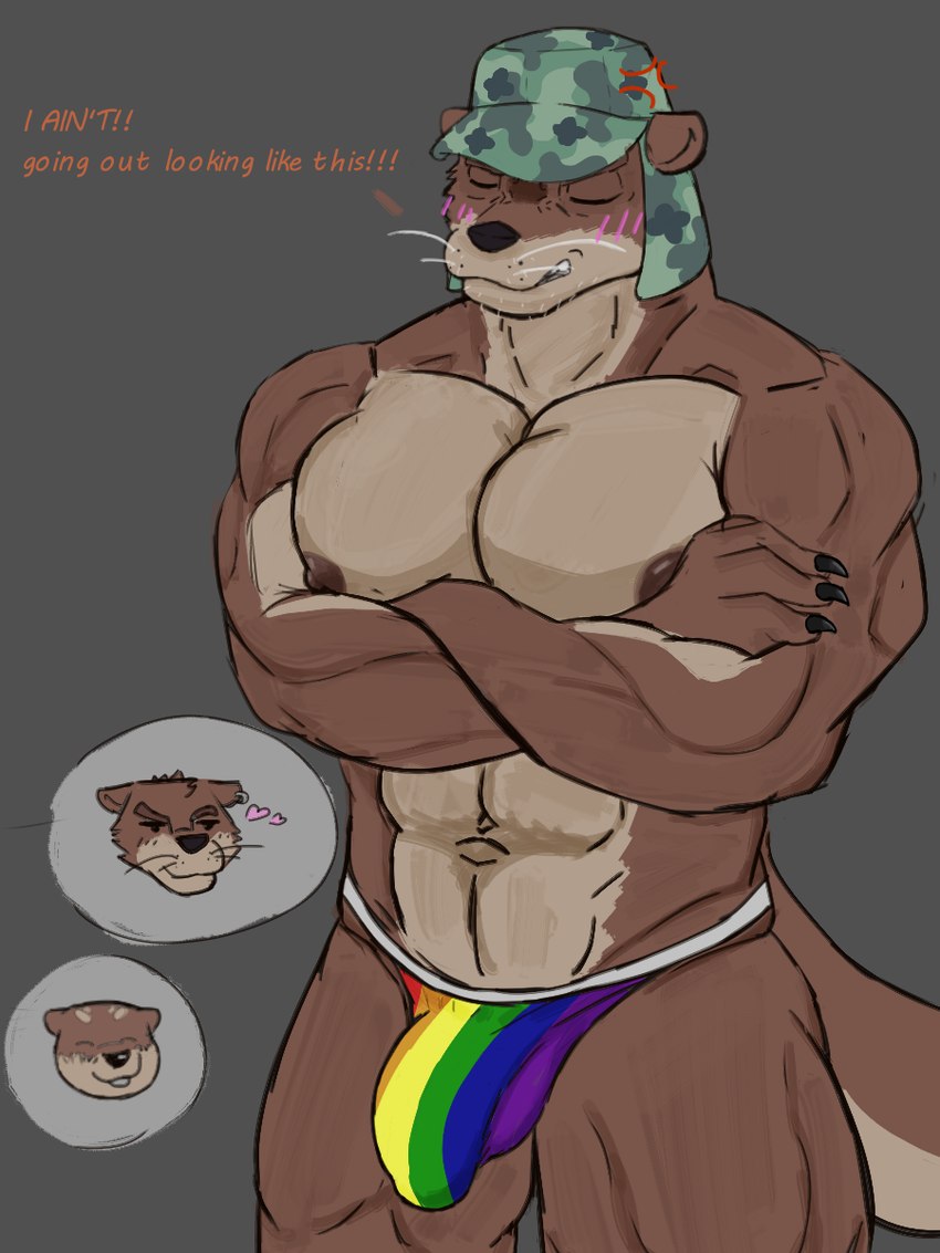 abs angry anthro areola big_bulge biped brown_body bulge clenched_teeth clothed clothing detailed_bulge eyes_closed genital_outline group half_naked hat headgear headwear jockstrap lgbt_pride long_tail male male_anthro multicolored_clothing multicolored_jockstrap multicolored_underwear muscular muscular_anthro muscular_male nails nipples penis_outline pride_color_clothing pride_color_jockstrap pride_color_underwear pride_colors rainbow_pride_colors simple_background simple_face six-stripe_rainbow_pride_colors smile standing tail teeth text thought_bubble trio underwear underwear_only white_body racingtime244 echo_(series) echo_project lgbt_pride_month the_smoke_room mr._bronson sydney_bronson todd_bronson mammal mustelid otter 3:4 hi_res