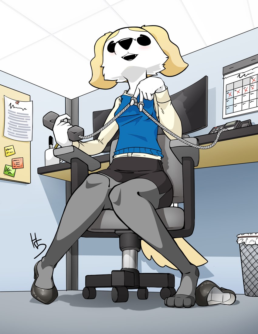 anthro bottomwear chair clothed clothing detailed_background electronics empty_eyes female footwear front_view fully_clothed furniture high_heels legwear low-angle_view office office_chair one_shoe_on phone shirt shoes sitting skirt solo tail tights topwear high5art aggretsuko sanrio inui_(aggretsuko) borzoi canid canine canis domestic_dog hunting_dog mammal sighthound 2022 absurd_res full-length_portrait hi_res portrait