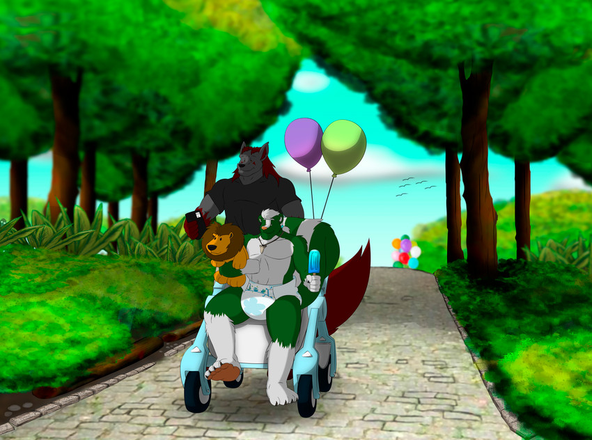 ageplay ambient_silhouette animal_plushie anthro anthrofied balloon caretaker clothed clothing detailed_background diaper duo fur grey_body grey_fur holding_object holding_plushie infantilism inflatable kiddo_(diaper) lion_plushie male outside park plushie roleplay silhouette stroller wearing_diaper leoniro_the_inklion abuniverse kiddo_(abuniverse) nintendo pokemon ron_(greenpanunk) ambient_bird ambient_flier avian bird felid generation_3_pokemon inanimate_object lion mammal mephitid mightyena pantherine pokemon_(species) skunk absurd_res digital_media_(artwork) hi_res