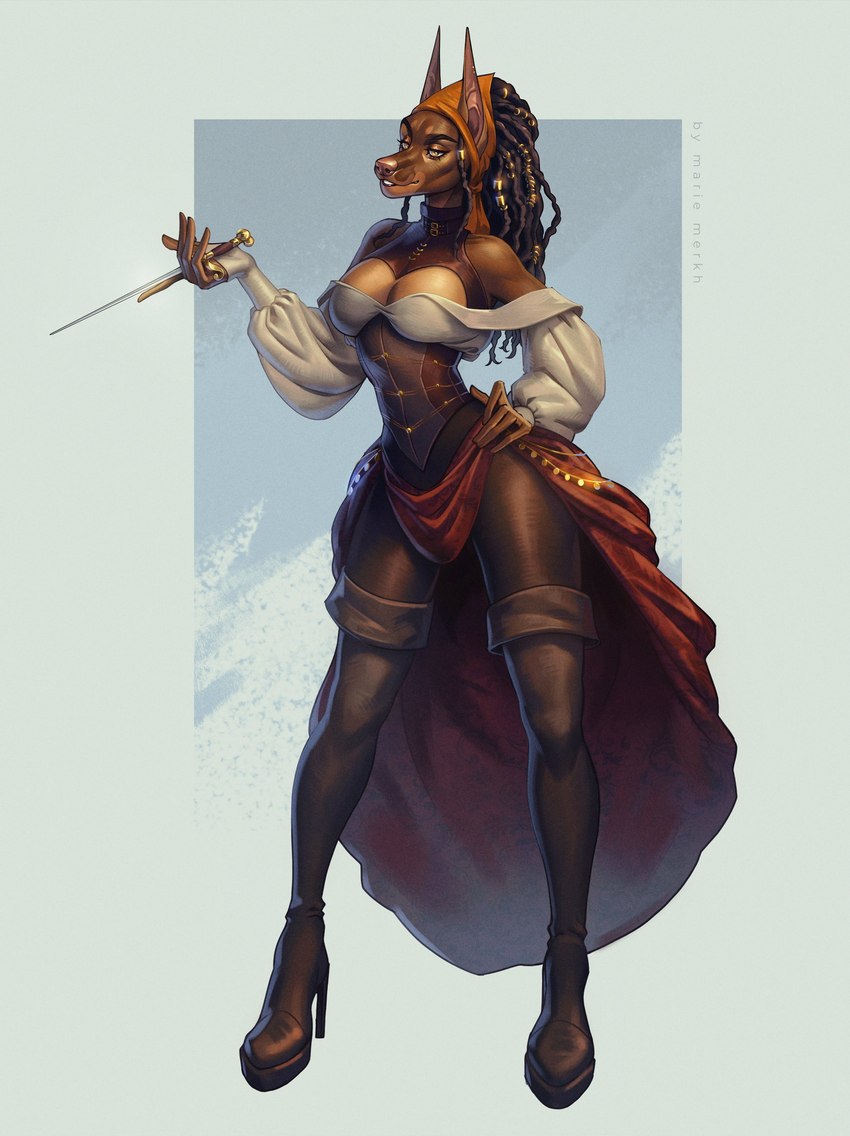 abstract_background anthro boots brown_body brown_boots brown_clothing brown_footwear brown_hair brown_topwear clothed clothing dagger dress eyelashes female footwear hair hand_on_hip high_heeled_boots high_heels holding_dagger holding_melee_weapon holding_object holding_weapon legwear long_hair melee_weapon narrowed_eyes pirate red_clothing red_dress shoes solo standing thigh_boots thigh_highs topwear weapon white_clothing white_topwear marie_merkh sauda_(spooky_general) canid mammal absurd_res artist_name full-length_portrait hi_res portrait