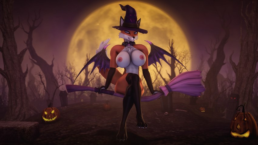 anthro bat_wings blue_eyes breasts broom broom_riding cheek_tuft chest_tuft cleaning_tool clothing crossed_legs dead_forest ears_through_headwear exposed_breasts facial_tuft female fur gloves_(marking) hat headgear headwear holidays jack-o'-lantern jewelry looking_at_viewer markings membrane_(anatomy) membranous_wings moon necklace nipples nude orange_body orange_fur solo tuft white_body white_fur wings witch_hat gold97fox halloween alice_(gold97fox) canid canine fox mammal red_fox true_fox 16:9 2020 3d_(artwork) absurd_res digital_media_(artwork) hi_res source_filmmaker_(artwork) widescreen