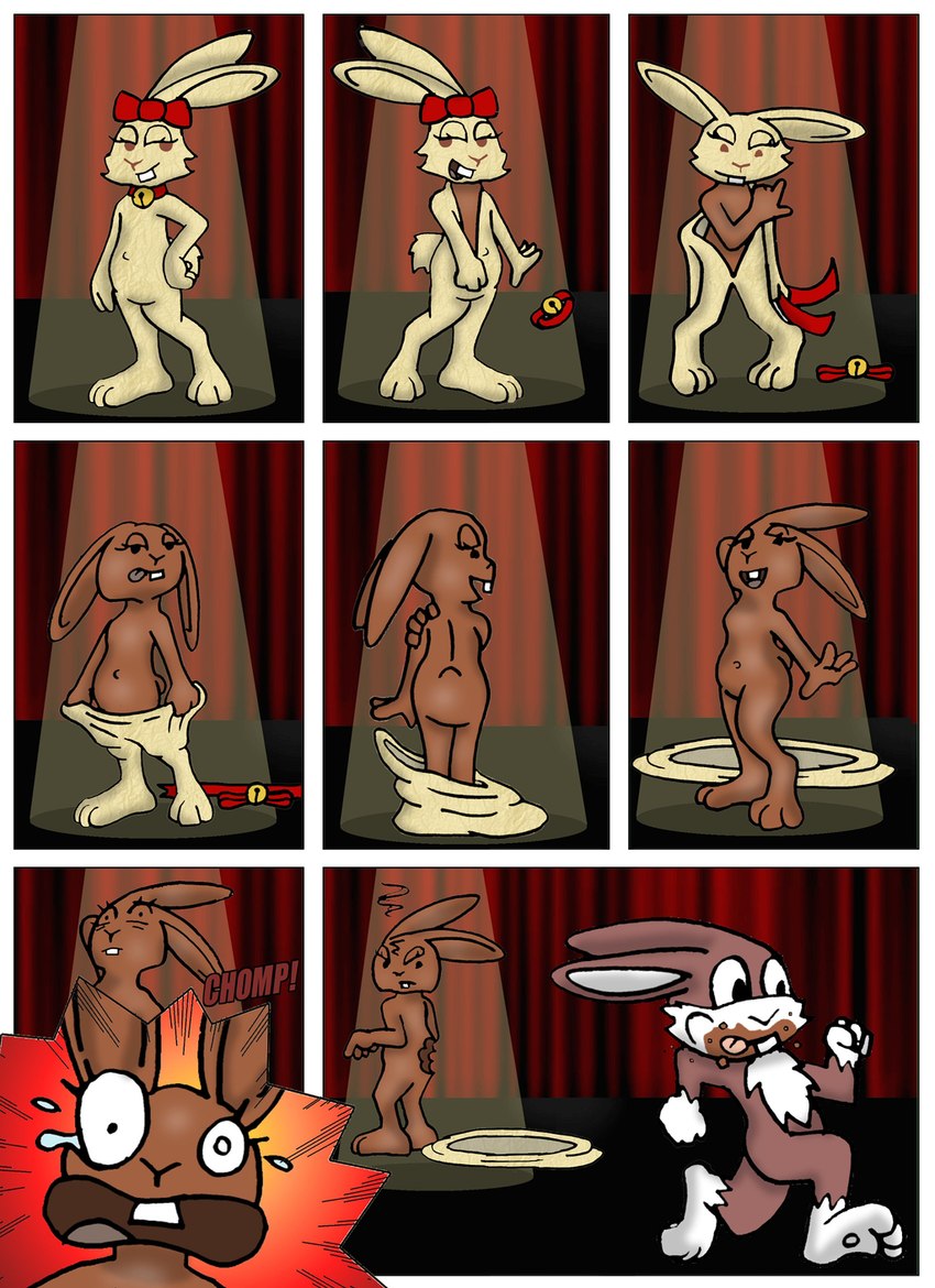 anthro bedroom_eyes candy chocolate chocolate_bunny clothing dessert duo female food holidays humor male narrowed_eyes navel nude seductive technically_nude undressing algahiem3 easter comic hi_res