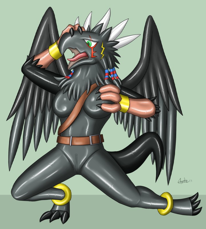 anthro beak black_body black_skin claws clothing feathered_wings feathers female green_eyes latex latex_clothing latex_skinsuit open_mouth rubber_clothing simple_background skinsuit solo tail tight_clothing tongue wings audie-gryph legendz mythology garion avian gryphon mythological_avian mythological_creature 2011