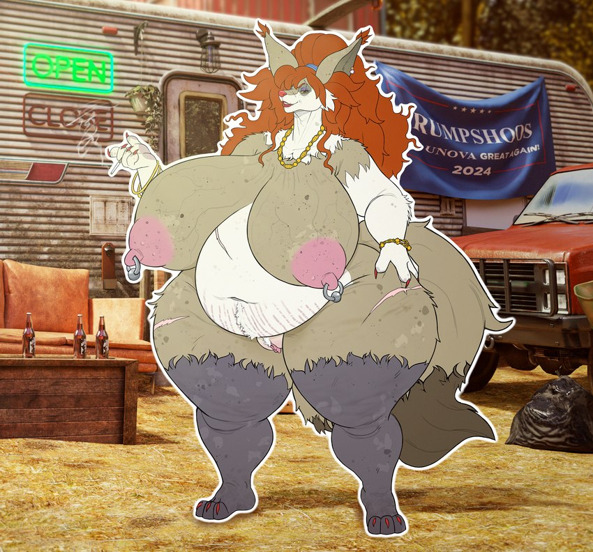 accessory alcohol anthro areola beer beverage big_breasts big_butt breasts butt cigarette claws colored_nails ear_hair eyewear female fur genitals grey_body grey_fur hair hick huge_breasts huge_butt humanoid_genitalia humanoid_pussy hyper hyper_breasts hyper_butt jewelry light_truck mature_anthro mature_female messy_hair mobile_home nails necklace necklace_only nipple_piercing nipples nude nude_anthro nude_female obese obese_female overweight overweight_anthro overweight_female pickup_truck piercing pink_areola pink_nipples pussy recreational_vehicle red_eyes red_hair red_nails redneck scar smoking solo stereotype sunglasses tail thick_thighs trailer_(vehicle) trailer_park trailer_trash truck vehicle vein white_trash yellow_sclera vintagart fakemon nintendo pokemon republican catherine_dousewood_(ms) canid canine delphox generation_6_pokemon mammal paradox_delphox paradox_pokemon pokemon_(species) hi_res