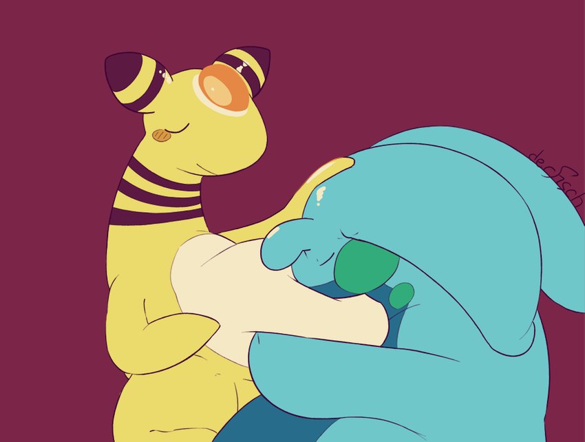 ambiguous_gender belly belly_kiss cuddling duo feral hand_on_head kissing kissing_stomach lying on_back slightly_chubby derfisch nintendo pokemon afterglow_the_ampharos derfisch_(character) ampharos generation_2_pokemon generation_6_pokemon goodra pokemon_(species)