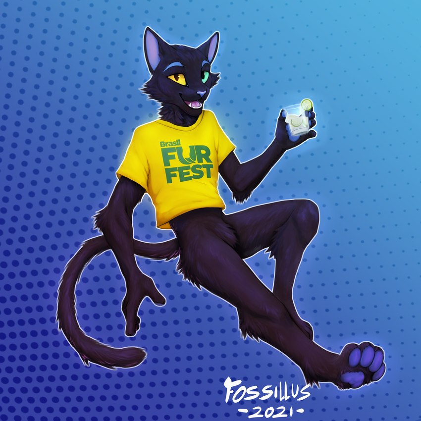 alcohol anthro beverage biped black_body black_fur blue_pawpads bottomless caipirinha clothed clothing cocktail fur fur_tuft green_eyes heterochromia holding_beverage holding_object male pawpads shirt shirt_only solo tail text text_on_clothing text_on_shirt text_on_topwear topwear topwear_only tuft yellow_clothing yellow_eyes yellow_shirt yellow_topwear fossillus brasil_furfest bombom_(brasil_furfest) domestic_cat felid feline felis mammal 1:1 2021 absurd_res hi_res