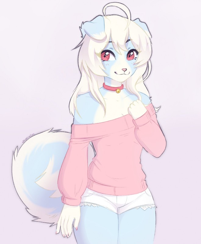 anthro blonde_hair blue_body blue_fur female fur hair red_eyes smile solo nayel-ie canid canine canis domestic_dog mammal 2020 digital_media_(artwork) hi_res