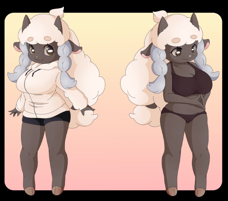 anthro anthrofied big_breasts black_bra black_clothing black_panties black_underwear bra breasts clothed clothing female hair huge_breasts open_mouth panties pokemorph simple_background smile solo sweater thick_thighs topwear training_bra underwear wide_hips yorusagi nintendo pokemon generation_8_pokemon pokemon_(species) wooloo alpha_channel