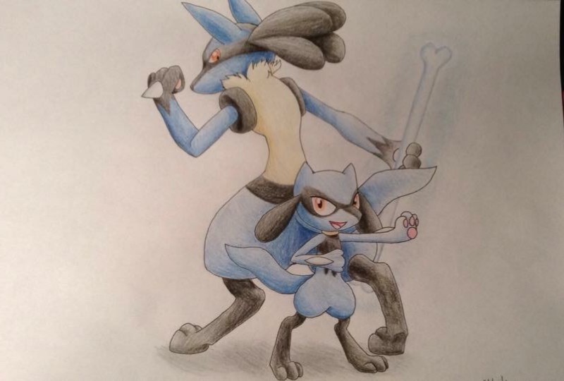 ambiguous_gender anthro back_to_back black_body black_fur blue_body blue_fur bone bone_rush digitigrade duo fur level_difference pokemon_move red_eyes semi-anthro simple_background yellow_body yellow_fur mishap98 nintendo pokemon canid canine generation_4_pokemon lucario mammal pokemon_(species) riolu colored_pencil_(artwork) compression_artifacts traditional_media_(artwork)