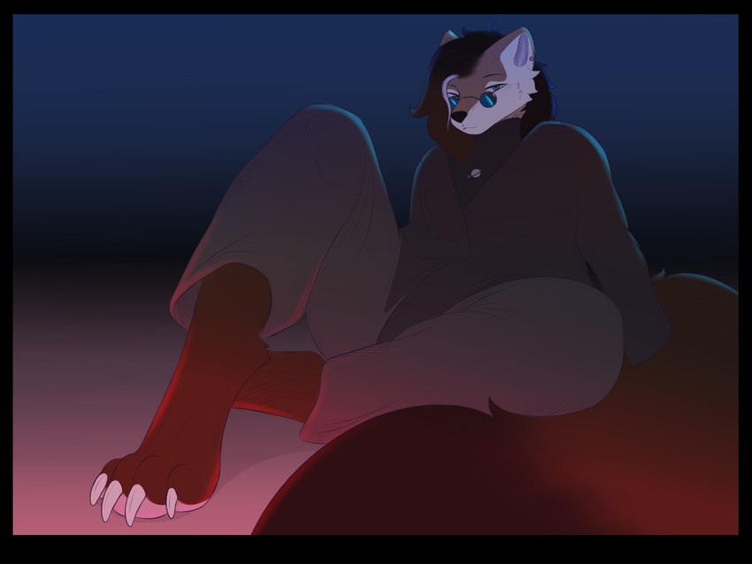 anthro big_tail black_border blue_eyes border brown_body brown_fur brown_hair claws feet fluffy fluffy_tail foot_focus fur hair long_hair looking_at_viewer male pawpads paws pink_pawpads sitting sitting_on_ground solo tail white_body white_claws white_fur ertonhin oliver_(ertonhin) gulonine mammal mustelid 4:3