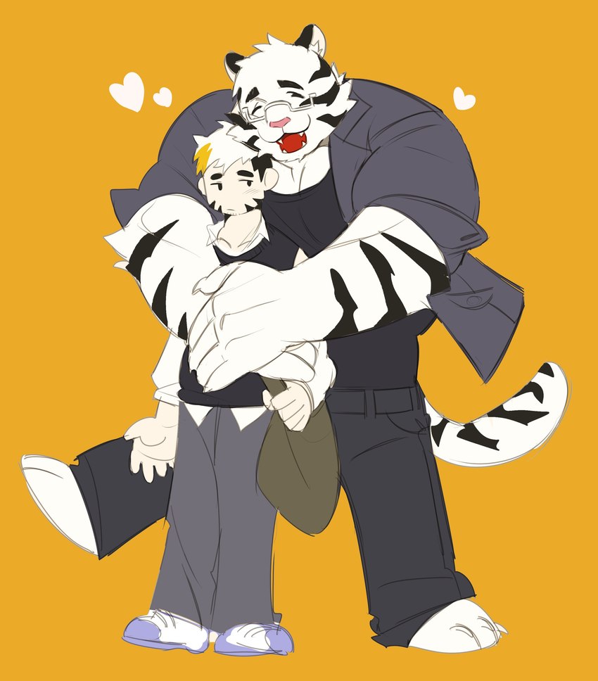 anthro big_muscles big_pecs blonde_hair blush duo eyewear fur glasses hair heart_symbol holding_partner hug human_on_anthro interspecies larger_anthro larger_male male male/male multicolored_hair muscular muscular_anthro muscular_male pecs romantic romantic_couple size_difference smaller_human smaller_male striped_body striped_fur stripes white_body white_fur white_hair art_uza felid human mammal pantherine tiger absurd_res hi_res