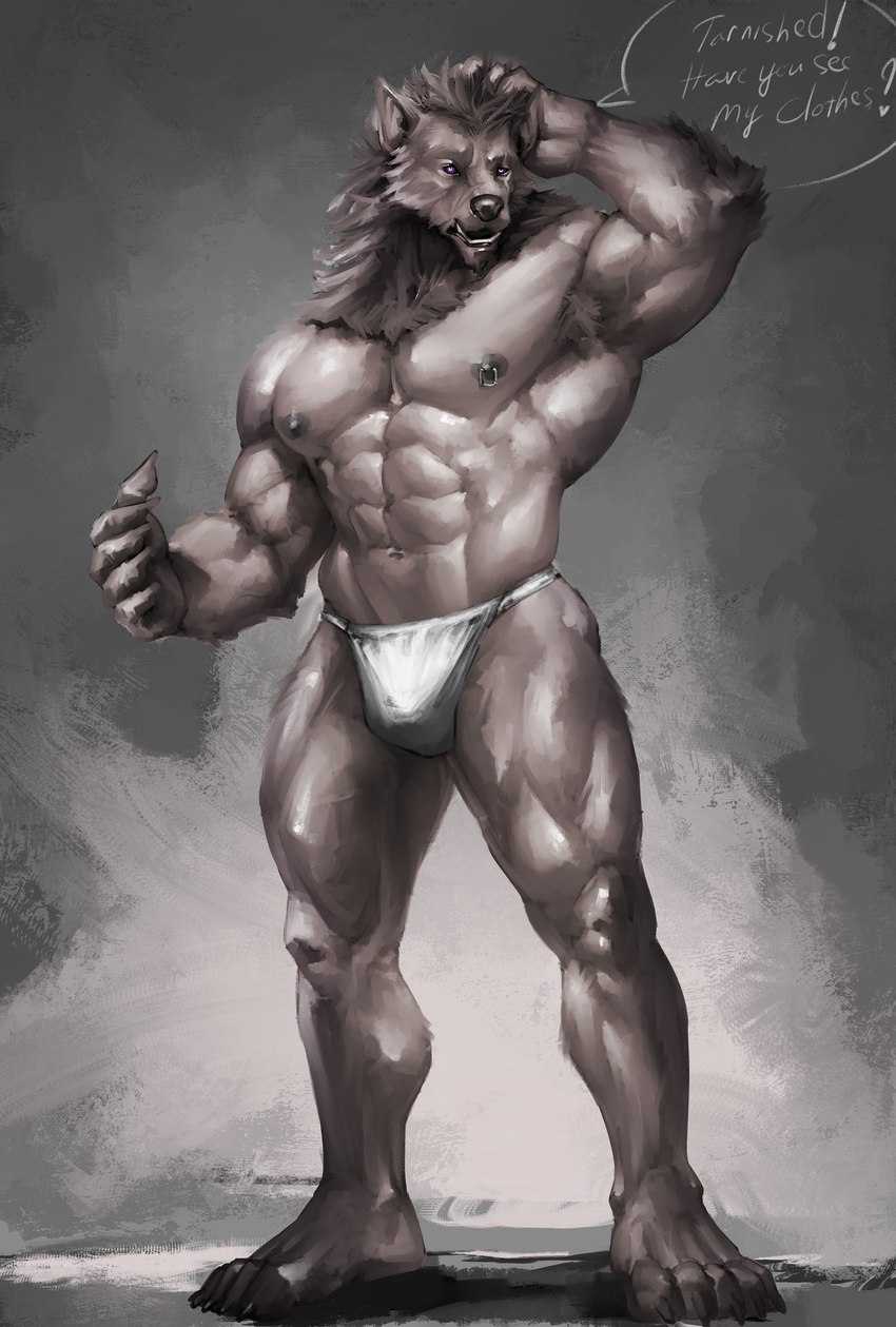 abs anthro armpit_hair asian_clothing body_hair clothed clothing east_asian_clothing fundoshi fur hand_on_head japanese_clothing male muscular muscular_anthro muscular_male nipple_piercing nipples pecs piercing raised_arm solo underwear underwear_only dagantfus_(artist) elden_ring fromsoftware blaidd_(elden_ring) canid canine canis mammal wolf hi_res