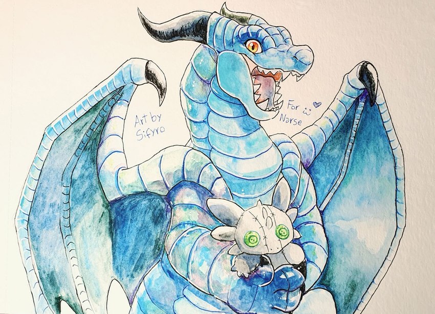 feral happy plushie blitzdrachin conditional_dnp dreamworks european_mythology how_to_train_your_dragon mythology narse_(character) nubless dragon fury_(httyd) light_fury mythological_creature mythological_scalie scalie western_dragon 2022 painting_(artwork) traditional_media_(artwork) watercolor_(artwork)