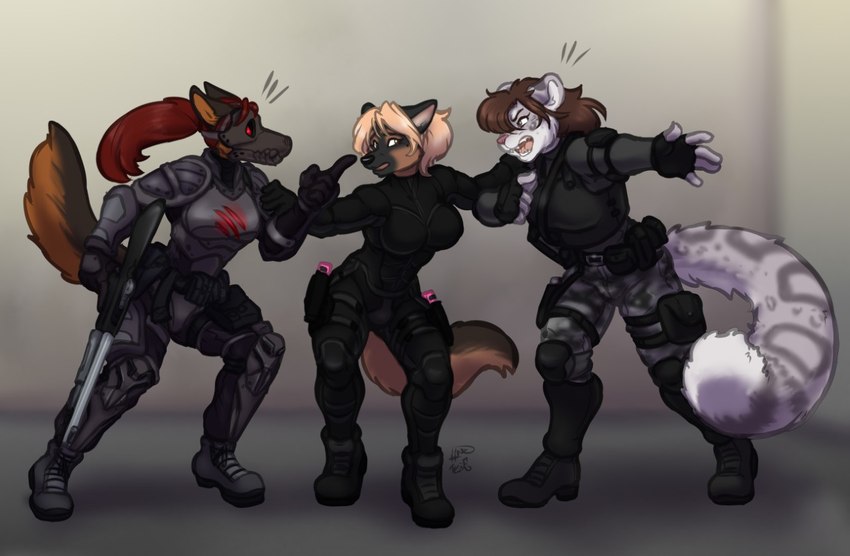 anthro argument armor black_body black_bodysuit black_boots black_clothing black_footwear black_fur black_gloves black_handwear black_skinsuit blonde_hair bodysuit boots breasts brown_body brown_fur brown_hair clothed clothed_anthro clothed_female clothing female fingerless_gloves footwear fur gloves grey_body grey_fur group gun hair handwear holding_gun holding_object holding_ranged_weapon holding_weapon holster holstered_pistol long_hair mask medium_breasts multicolored_body multicolored_fur ranged_weapon red_hair shoes skinsuit standing tail tight_clothing trio two_tone_body two_tone_fur weapon wearing_mask hanazawa andrea_rayne dora_schutzhund katherine_roshman canid canine canis domestic_dog felid german_shepherd herding_dog mammal pantherine pastoral_dog snow_leopard 2024