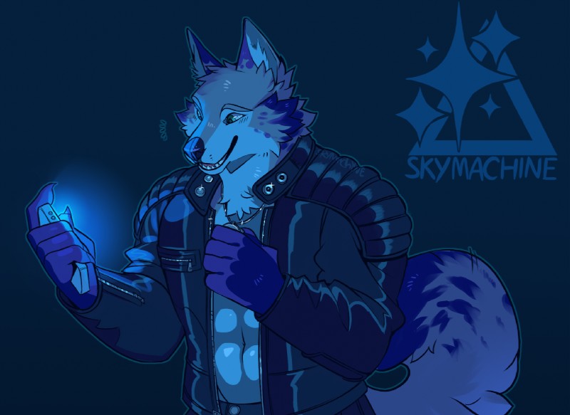 anthro clothed clothing electronics fur jacket jewelry male muscular muscular_anthro muscular_male necklace open_clothing open_jacket open_topwear phone smile solo topwear skymachine canid canine mammal black_and_blue monochrome