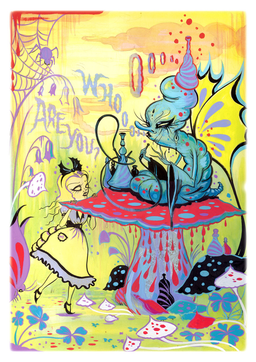 ambiguous_gender anthro blonde_hair clothed clothing dress duo eyelashes eyeshadow female fungus hair headgear headwear insect_wings larva lepidopteran_wings lips makeup micro mushroom smoke smoking spider_web wings camille_rose_garcia alice_in_wonderland alice_(alice_in_wonderland) arachnid arthropod caterpillar human insect lepidopteran mammal spider hi_res