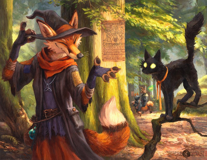 4_fingers anthro black_nose clothed clothing detailed_background duo_focus eyes_closed feral fingers fur group male orange_body orange_fur smile kenket tangletorn trell canid canine domestic_cat felid feline felis fox mammal 2019 digital_media_(artwork) hi_res