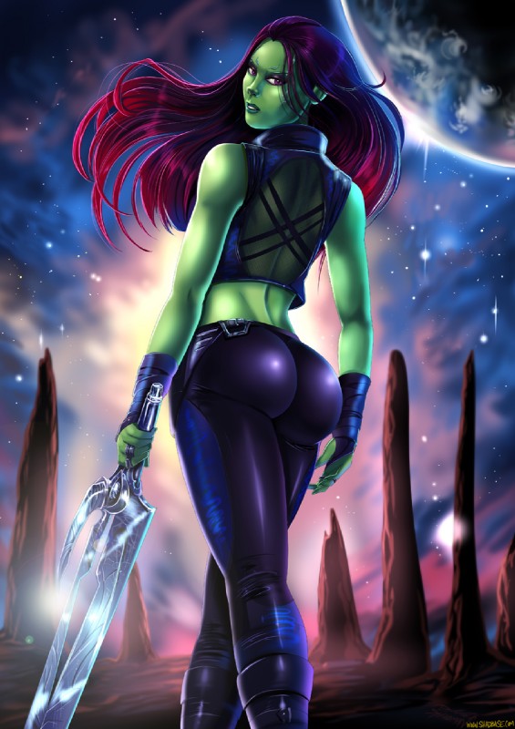 butt female green_body green_skin hair looking_back melee_weapon not_furry purple_eyes purple_hair solo space sword text weapon shadman guardians_of_the_galaxy marvel gamora alien humanoid hi_res url