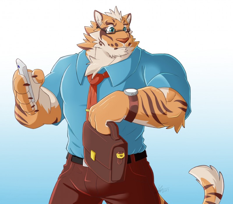 anthro big_muscles clothed clothing countershading eyewear fur glasses male muscular muscular_anthro muscular_male solo greydaboy nekojishi studio_klondike lin_hu felid mammal pantherine tiger 2017 hi_res