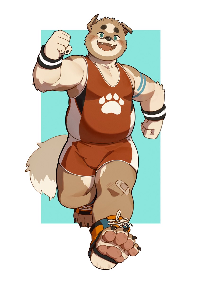 anthro belly black_claws black_nose blush claws clothing fur looking_at_viewer male pawpads running smile smiling_at_viewer solo stocky tan_body tan_fur tight_clothing wrestling_outfit wrestling_singlet enokorogusa2 canid canine canis domestic_dog mammal 2023 absurd_res hi_res