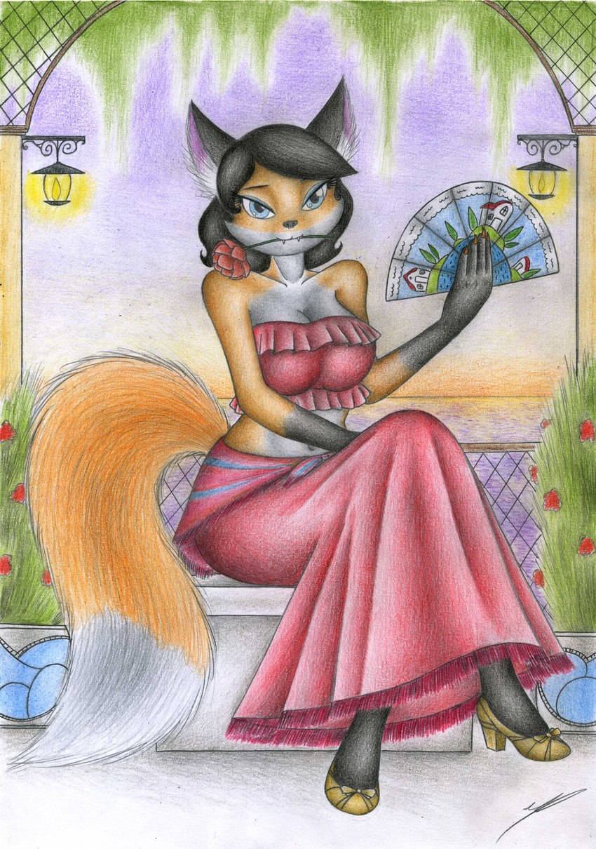 anthro clothing dress female flower flower_in_mouth footwear hand_fan high_heels mouth_hold plant rose_(flower) rose_in_mouth shoes solo sinaherib henriette_melleyse canid canine fox mammal red_fox true_fox absurd_res hi_res traditional_media_(artwork)