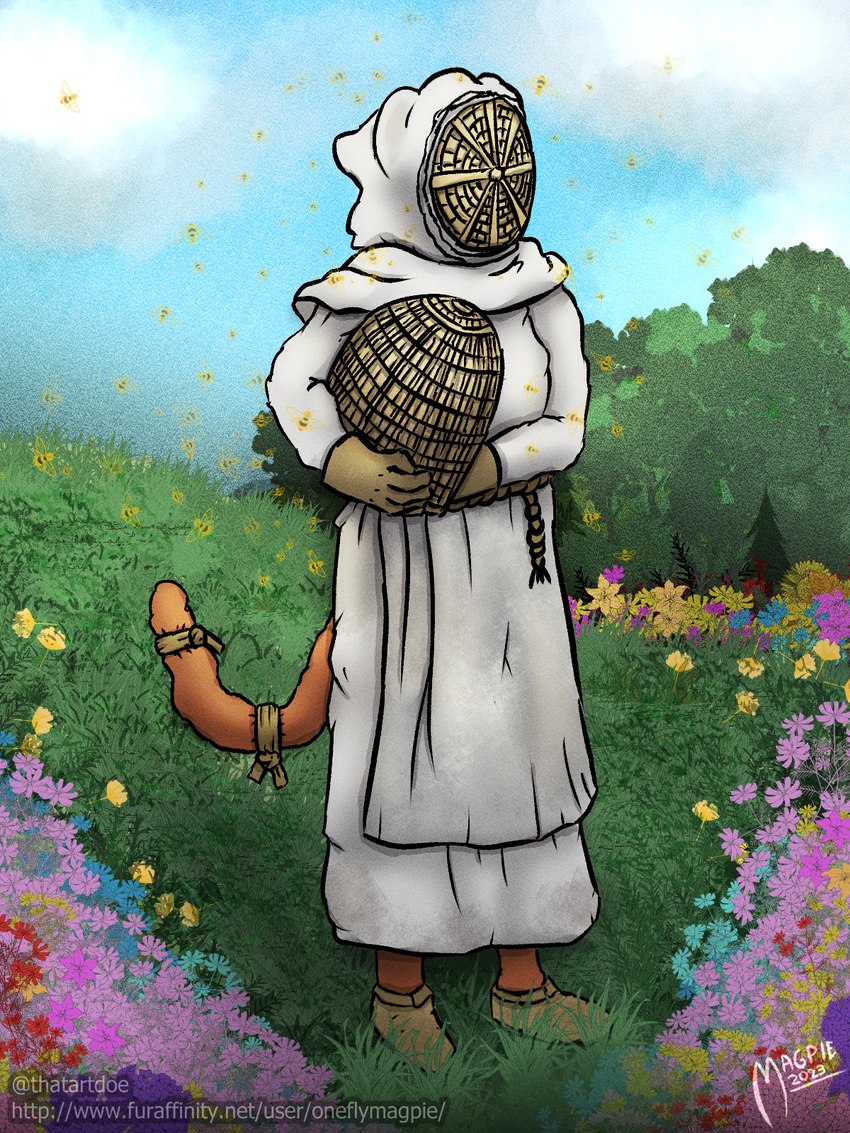 ambiguous_gender anthro bee_keeper_suit clothed clothing covered_face female flower footwear fully_clothed gloves grass handwear outside plant sky solo standing wicker oneflymagpie ophelia_(oneflymagpie) ophelia_orzhechy arthropod bee hymenopteran insect mammal mouse murid murine rodent 3:4 hi_res