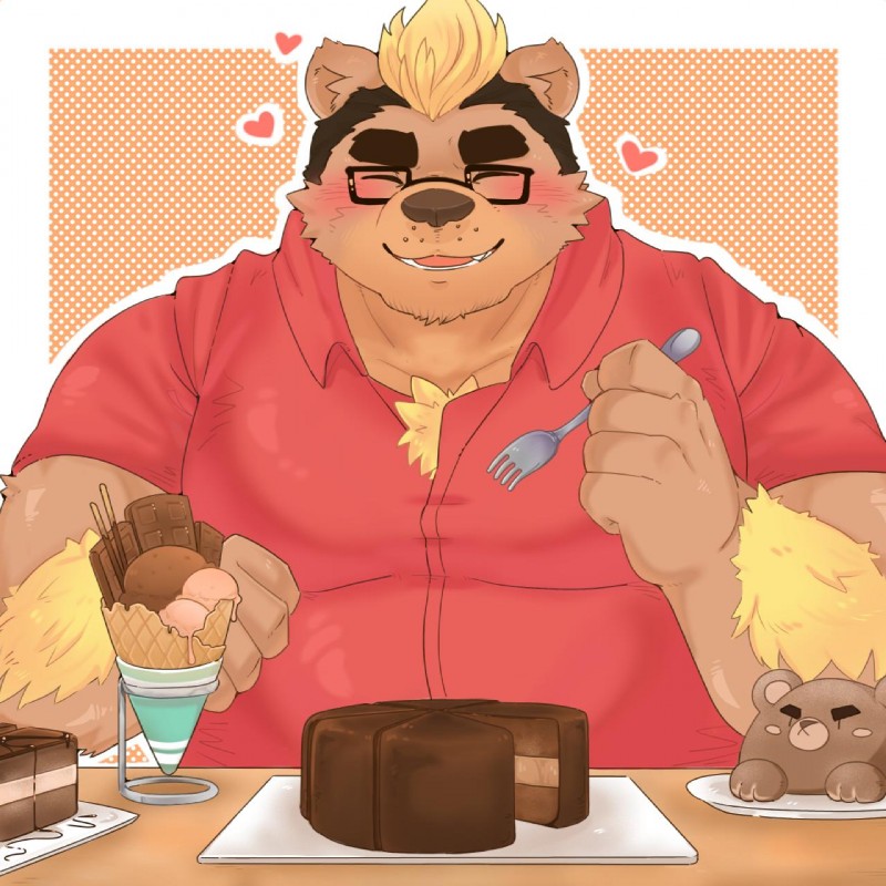 5_fingers anthro arm_hair barazoku black_hair black_nose blonde_hair blush body_hair cake candy chest_hair chocolate clothing collared_shirt cutlery dessert dress_shirt eating eyebrows eyes_closed eyewear fingers food fork glasses hair heart_symbol ice_cream kitchen_utensils male multicolored_hair overweight overweight_anthro overweight_male shirt smile solo thick_eyebrows tools topwear two_tone_hair morganramune extracurricular_activities pocky harold_grifter bear mammal 1:1 2019 hi_res