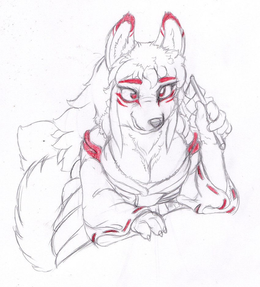 anthro asian_clothing clothing east_asian_clothing facial_markings female head_markings japanese_clothing markings miko_outfit shide simple_background solo white_background kitsune_youkai canid canine fox mammal 2021 hi_res sketch spot_color