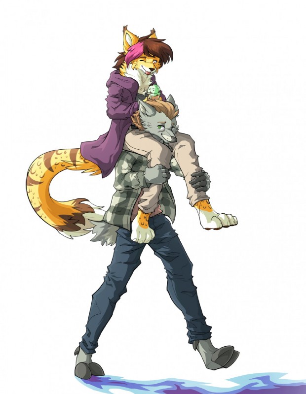 blep carrying_another clothing dessert duo female fluffy fluffy_tail food fur hoodie ice_cream ice_cream_cone love male on_shoulders simple_background tail tongue tongue_out topwear majmajor arlen_tawny venison_belevik cervine deer domestic_cat felid feline felis lynx mammal tufted_deer hi_res