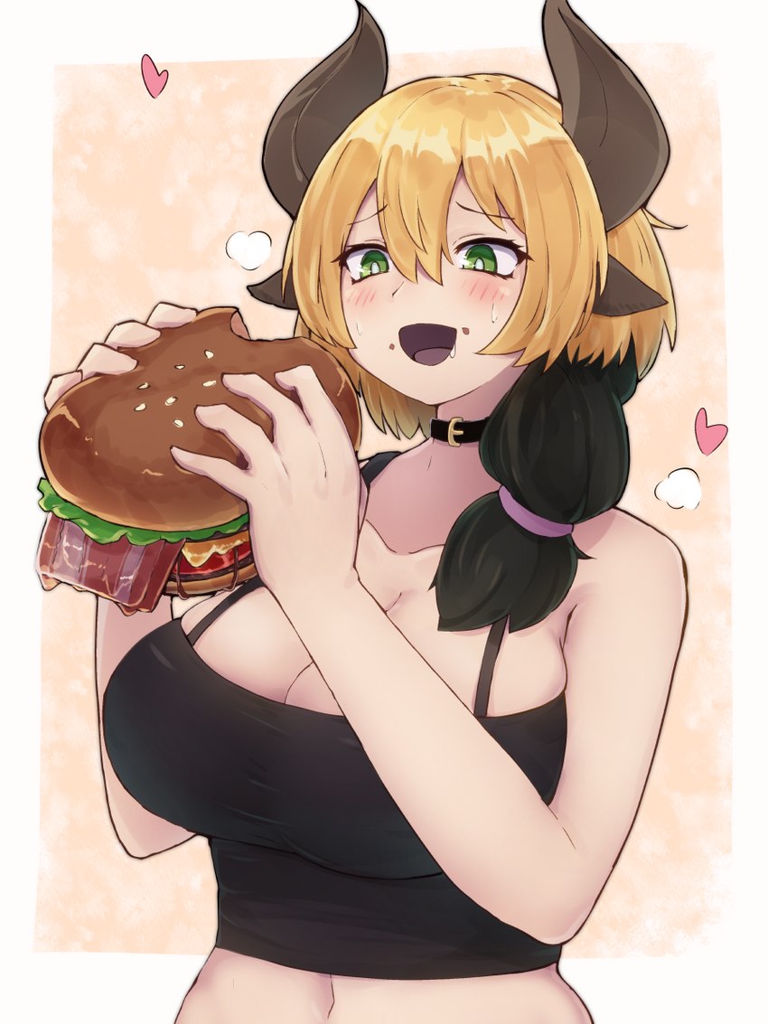 big_breasts blonde_hair breasts burger choker cleavage clothed clothing female food green_eyes hair heart_symbol horn jewelry multicolored_hair necklace shirt solo tank_top topwear yonaga animal_humanoid bovid bovid_humanoid bovine bovine_humanoid cattle_humanoid humanoid mammal mammal_humanoid 2023 3:4 hi_res