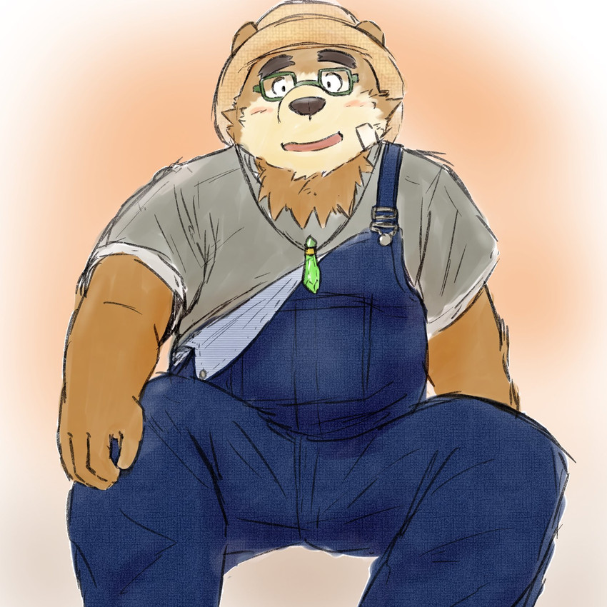 anthro blush brown_body brown_fur clothing eyewear fur glasses hat headgear headwear humanoid_hands kemono male overalls overweight overweight_anthro overweight_male shirt sitting solo straw_hat topwear yaki_atsuage lifewonders tokyo_afterschool_summoners volos_(tas) bear mammal 1:1 2021 hi_res