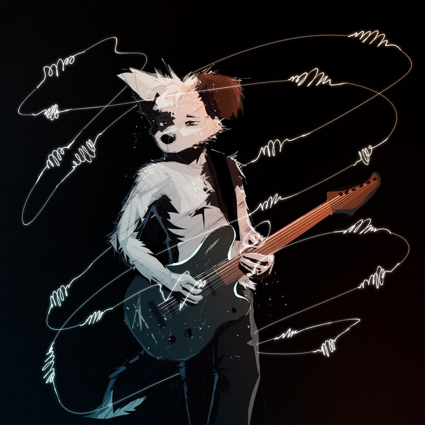 abstract_background adolescent anthro black_body black_fur bottomwear clothed clothing electric_guitar fur guitar male multicolored_body multicolored_fur musical_instrument pants playing_guitar playing_music plucked_string_instrument solo string_instrument topless two_tone_body two_tone_fur white_body white_fur young young_anthro young_male dakkawoof canid canine canis domestic_dog mammal 1:1 2024 hi_res