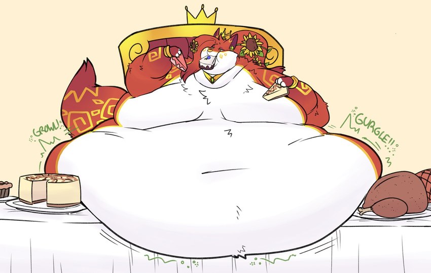 4_fingers anthro belly big_belly cake chair crown dessert eating fingers flower food fur furniture headgear huge_belly inside male multicolored_body multicolored_fur obese obese_anthro obese_male overweight overweight_anthro overweight_male pastry pie plant red_body red_fur sitting solo sunflower tail yellow_nose wiishyishii canid canine mammal hi_res