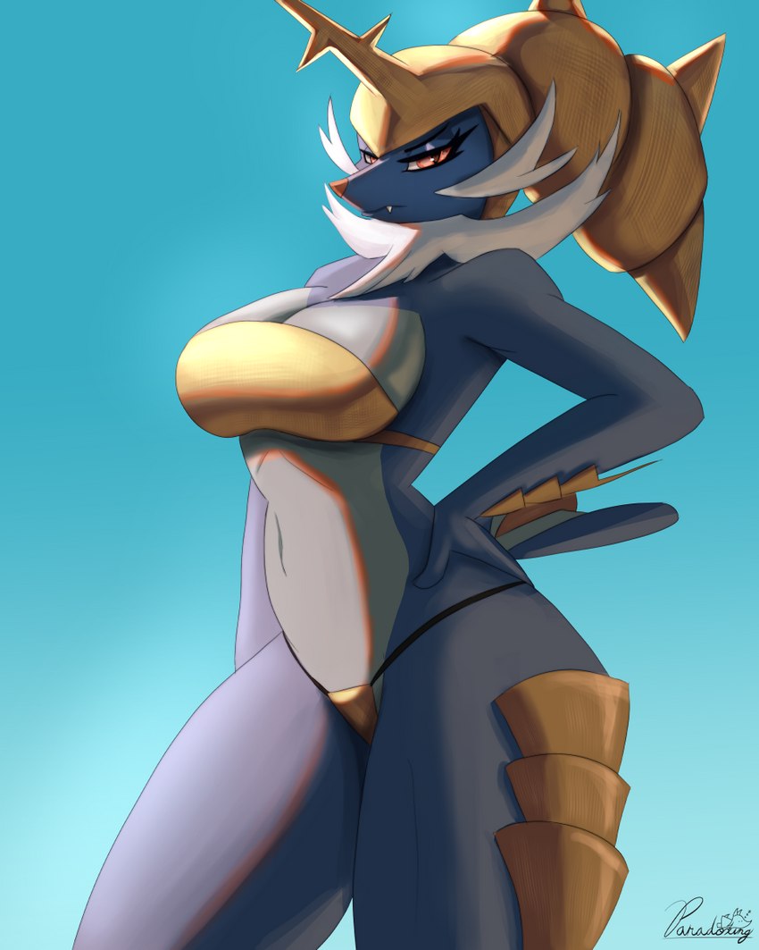 anthro armor bikini_armor blue_body breasts curvy_figure cute_fangs fangs female hand_on_hip headgear helmet looking_at_viewer orange_eyes solo teeth tuft unconvincing_armor conditional_dnp paradoxing nintendo pokemon generation_5_pokemon pokemon_(species) samurott 2023 4:5 digital_media_(artwork) digital_painting_(artwork) hi_res signature