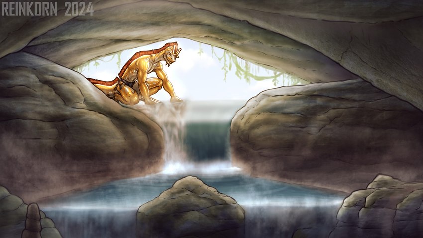 anthro anthrofied athletic athletic_anthro athletic_male cave dripping feet fin horn looking_at_viewer male multicolored_body muscular orange_body outside partially_submerged paws plant solo tail tail_fin water wet white_body yellow_eyes reinkorn mythology lunix dragon eel fish marine moray_eel mythological_creature mythological_scalie scalie hi_res