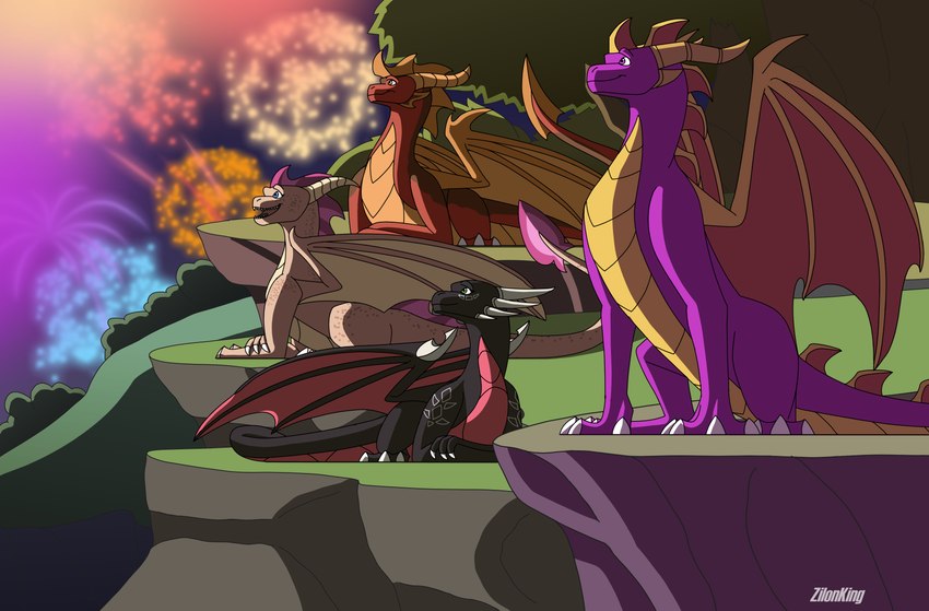 black_body cliff female feral fireworks group happy horn lying_on_ground male mountain multi_horn night on_ground pink_body plant purple_body red_body shrub tail tree wings zilonking activision mythology spyro_the_dragon cynder ember_(spyro) flame_(spyro) spyro dragon mythological_creature mythological_scalie scalie 2023 absurd_res digital_media_(artwork) hi_res signature